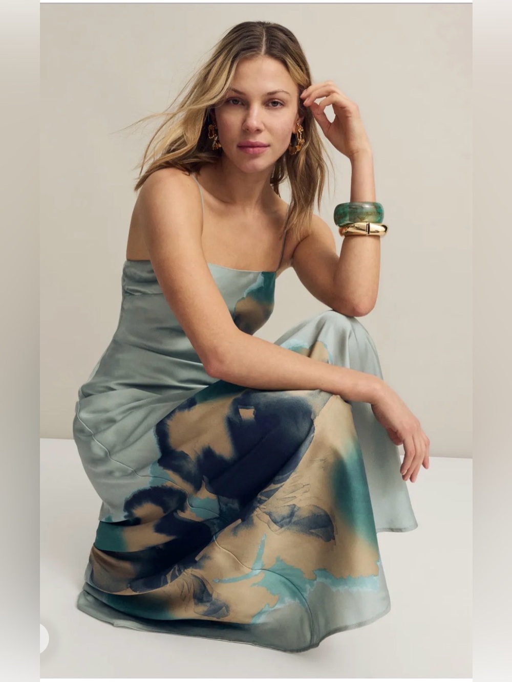 Hutch Lisa Silk Slip Maxi Dress in Soft Sage with Watercolor Floral size XL - Picture 3 of 12